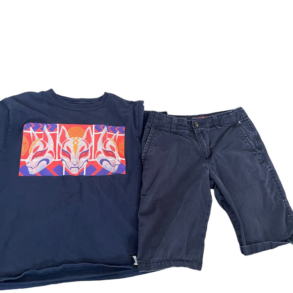 Fortnite Kitsune Graphic Tee & Arizona Jean Co Navy Chino Shorts Set Boys XL 14